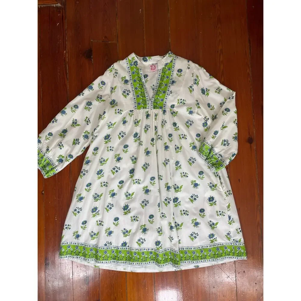 Victoria Dunn Blue Green Floral Kaftan Tunic Dress Medium Cotton - Picture 5 of 11